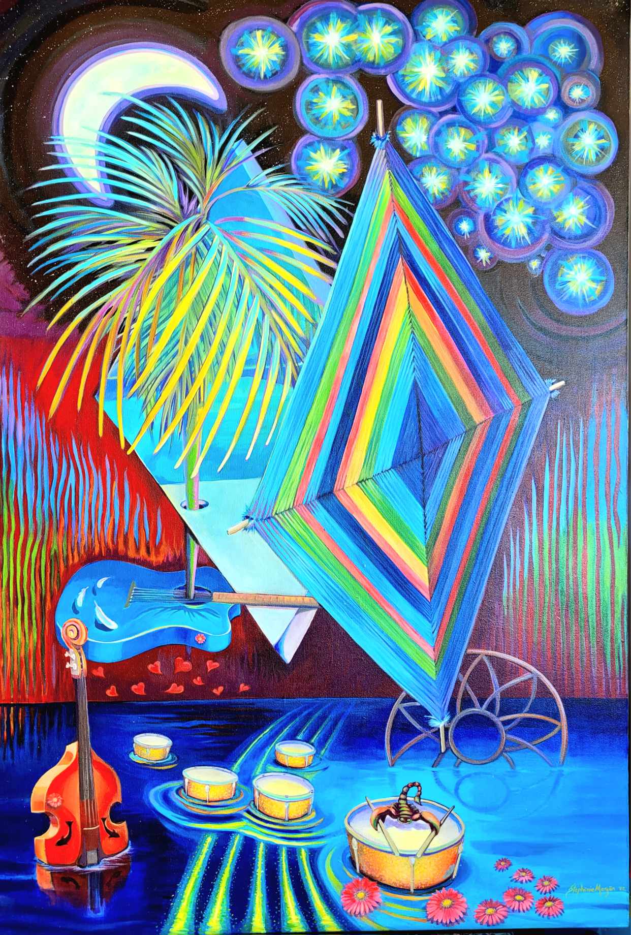 Música Ligera, a vibrant composition with a guitar, heart, palm tree and sacred geometry