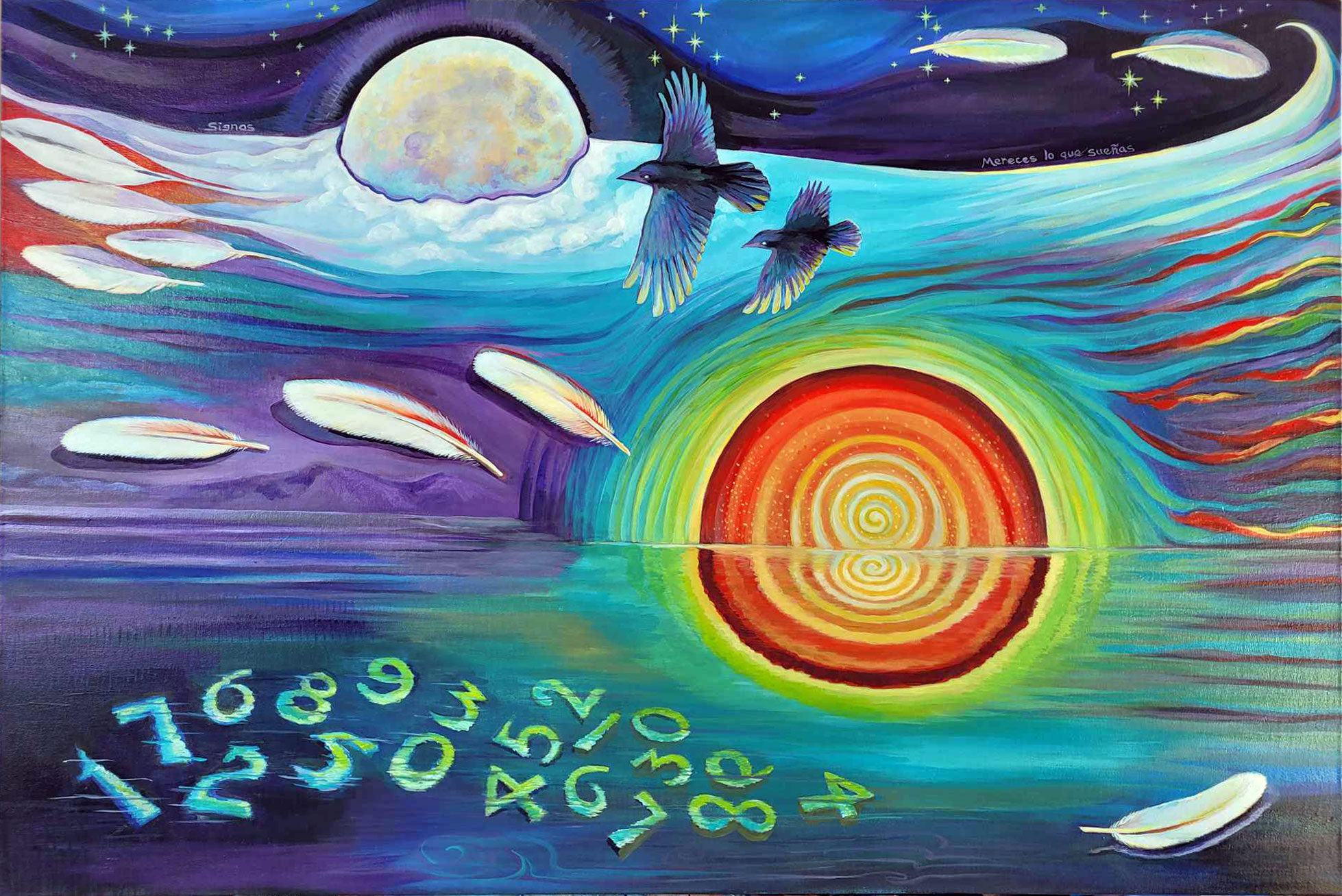 Signos, a richly colored painting with birds, feathers, moon and symbolic numbers